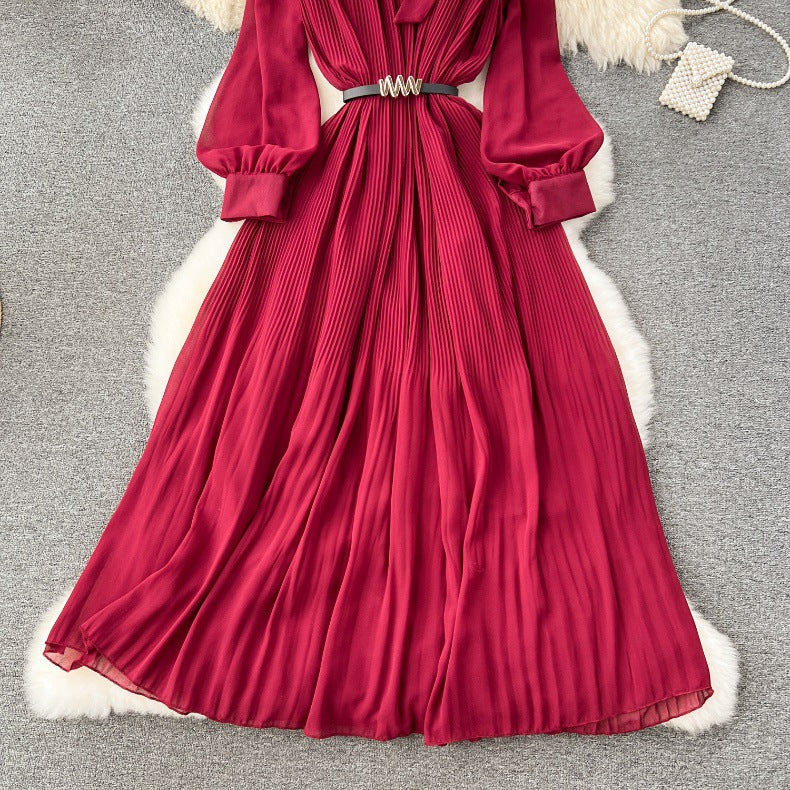 Spring Women's Bow Pleated Chiffon Puff Sleeve Long Dress 21