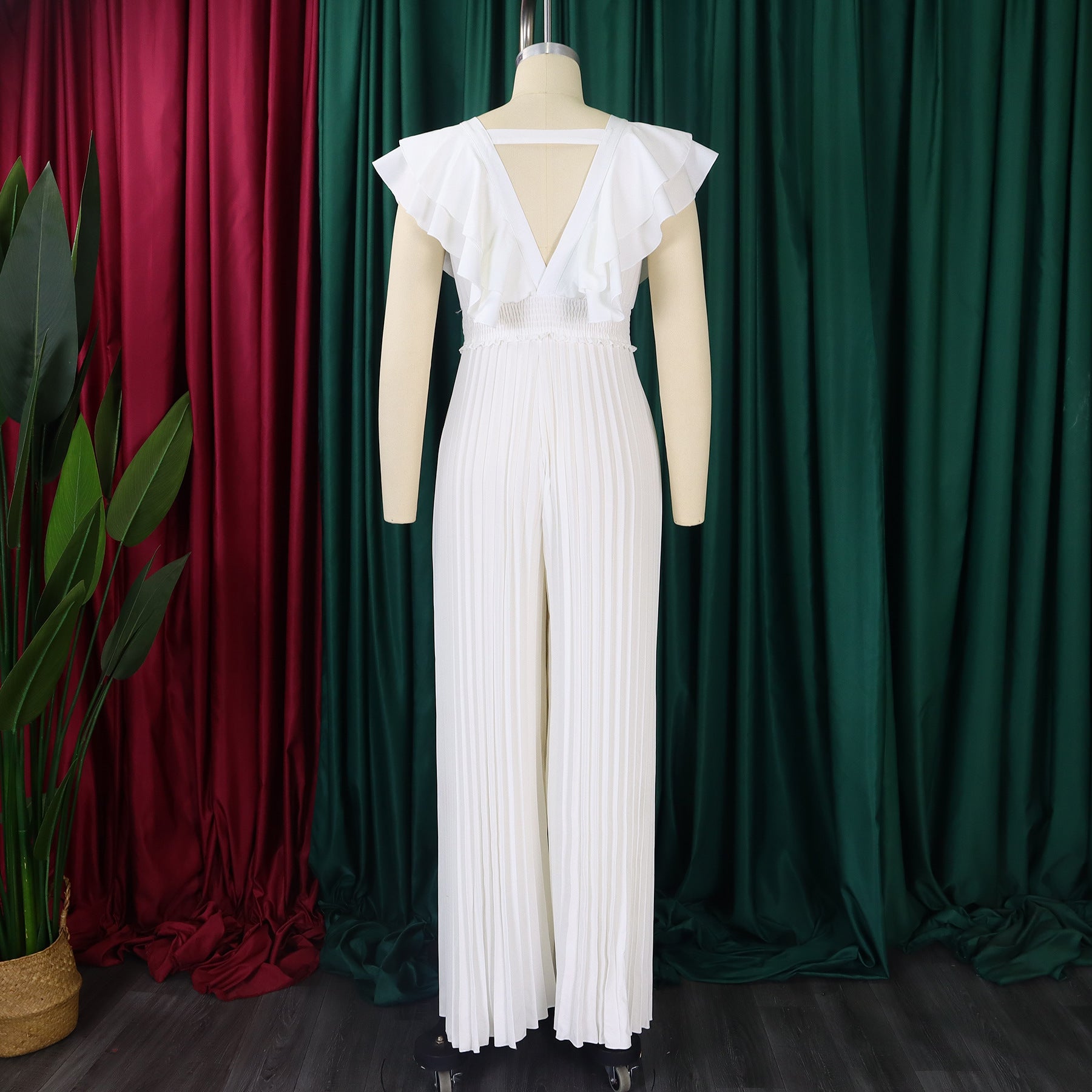 Women's Deep V Neck High Waist Sexy Ruffled Pleat Wide Leg Jumpsuit 12