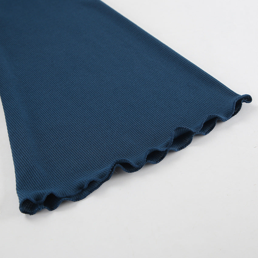 Women sexy Round Neck Bell Bottom sleeve lace-up knitting solid dress 19