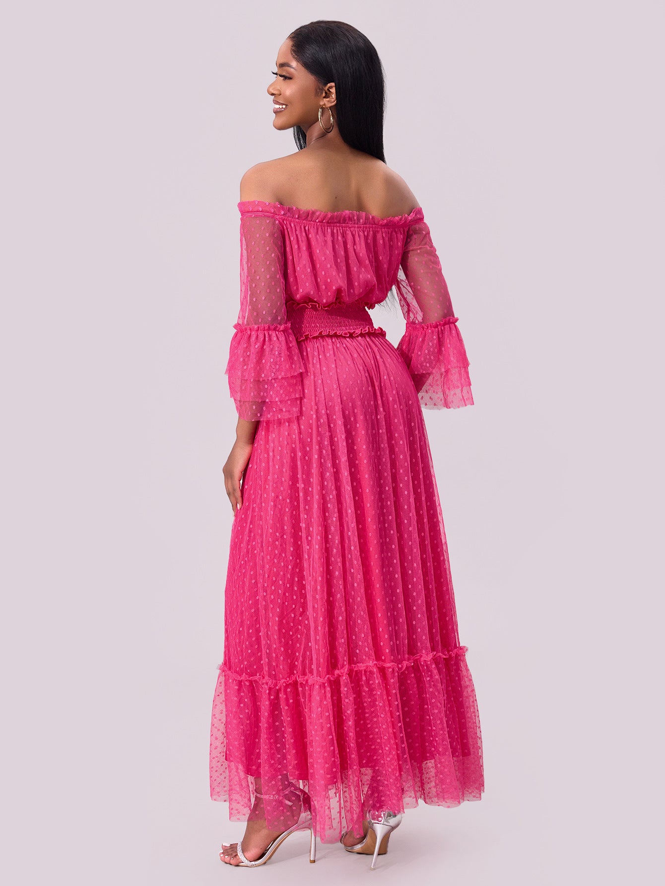 Women's off shoulder mesh long sleeve wedding dress 5