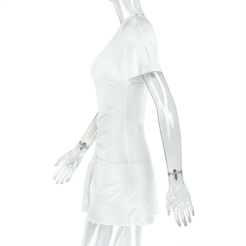 Women Casual Solid Bodycon Slash Shoulder Pleated Short Sleeve Dress 6