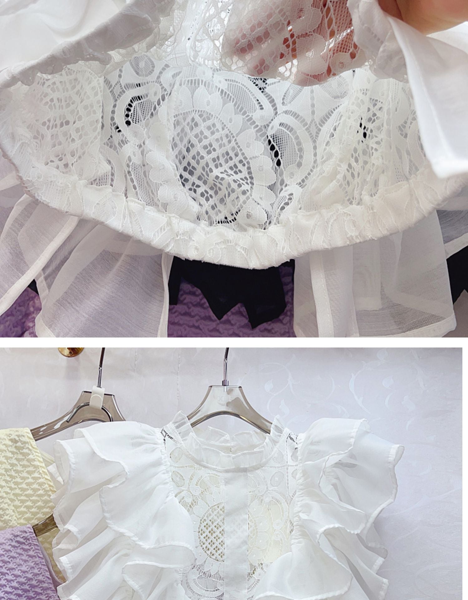 Women Summer French Ruffle Patchwork Crochet Hollow Stand Collar Lace Shirt 21