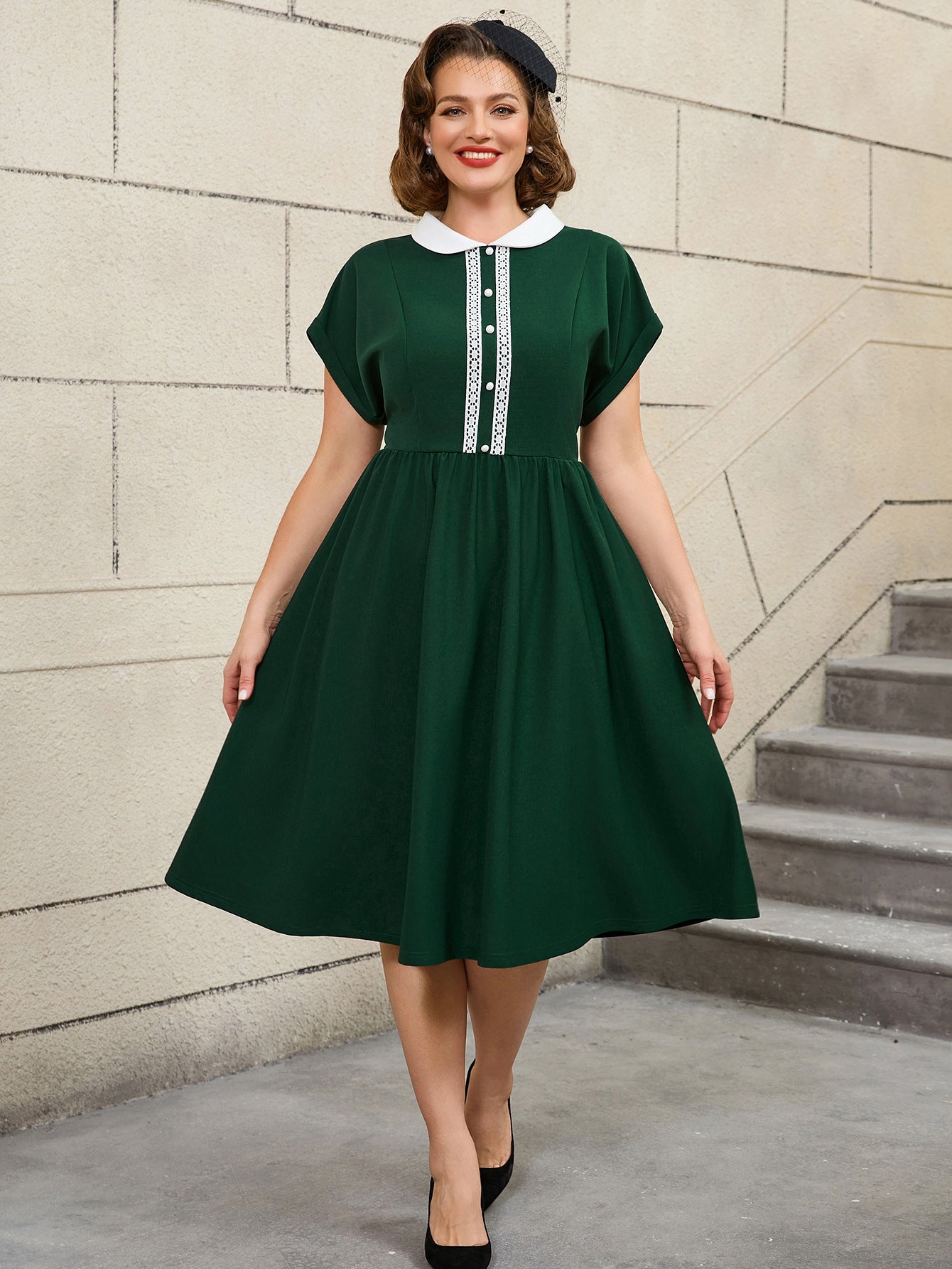 Plus Size Retro Peter Pan Collar Cocktail Elegant A-Line Dress