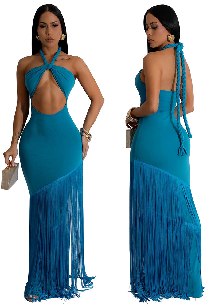 Women's Summer Tassel Patchwork Halter Strapless Bodycon Dress