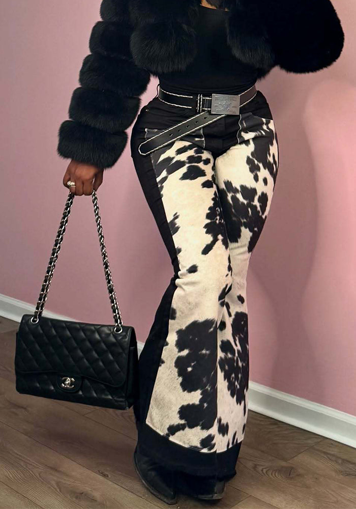 Printed Denim Trousers Fashionable Patchwork Bell Bottom Pants