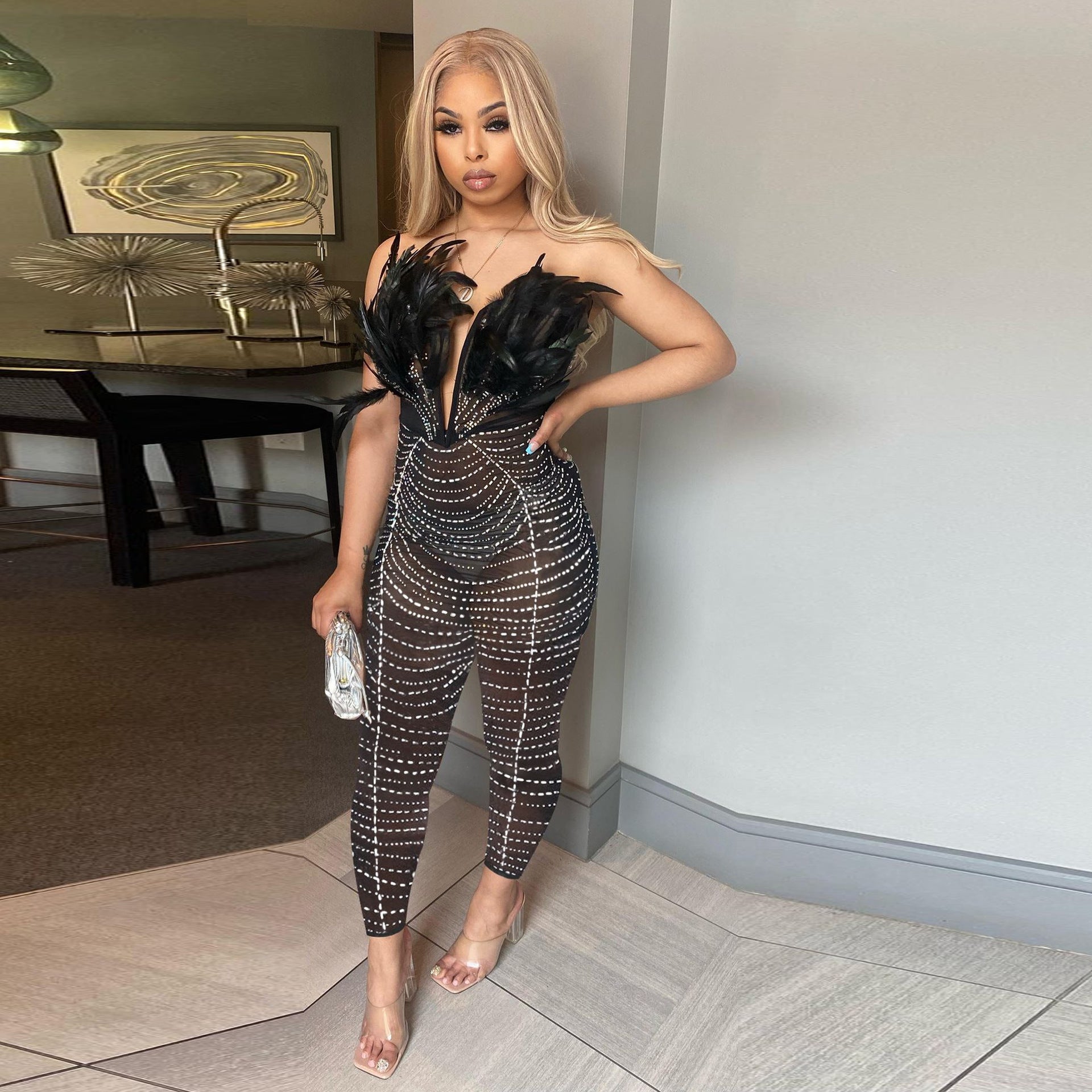 Women Sexy Feather Beaded Sleeveless Jumpsuit 3