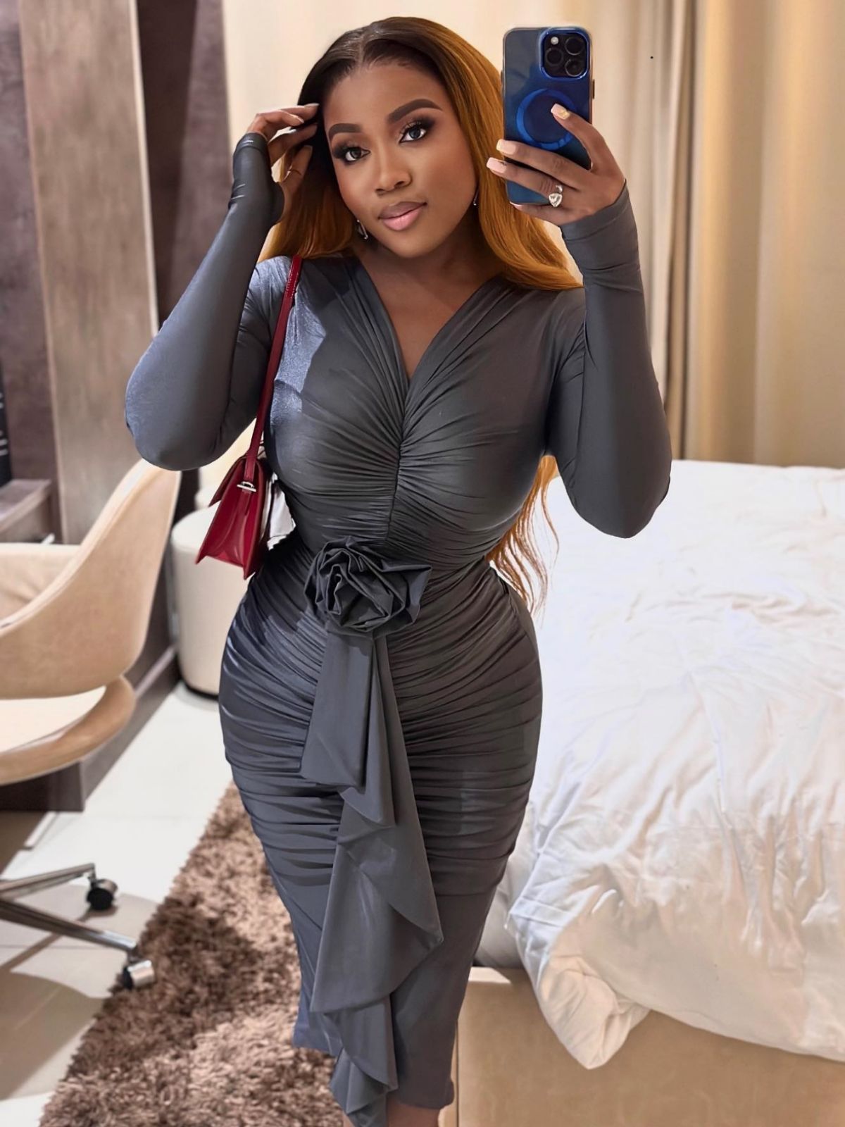 V-Neck Tight Fitting Long Sleeve Decorative Flower Irregular Bodycon Dress 5