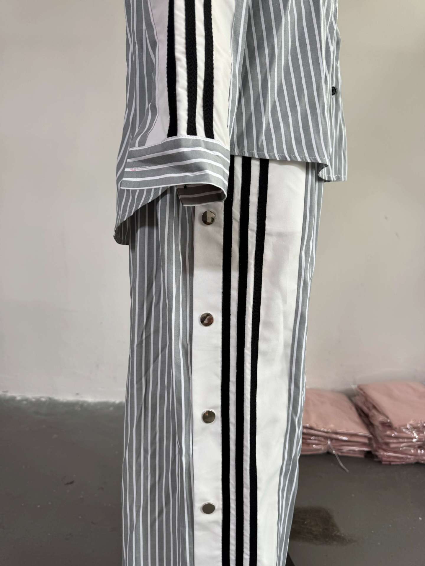 Women summer Turndown Collar striped long-sleeved shirt wide-leg pants Casual two-piece set 10