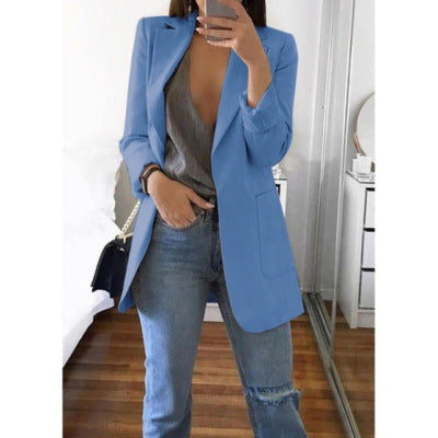 Spring Fall Women's Long Sleeve Plain Pocket Cardigan Blazer Jacket 15