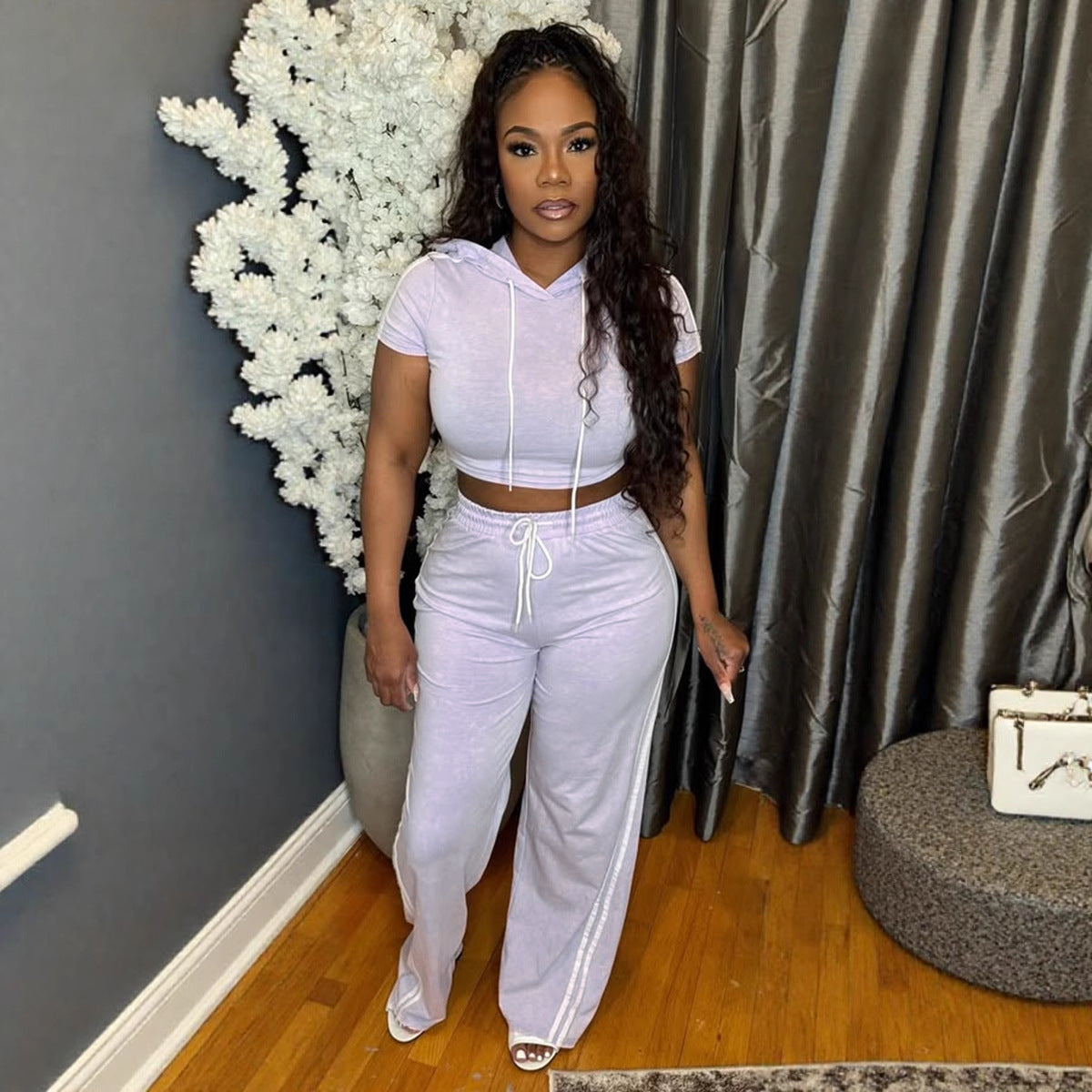 Sexy Casual Elastic Hooded Short Sleeve Two-Piece Pants Set 9