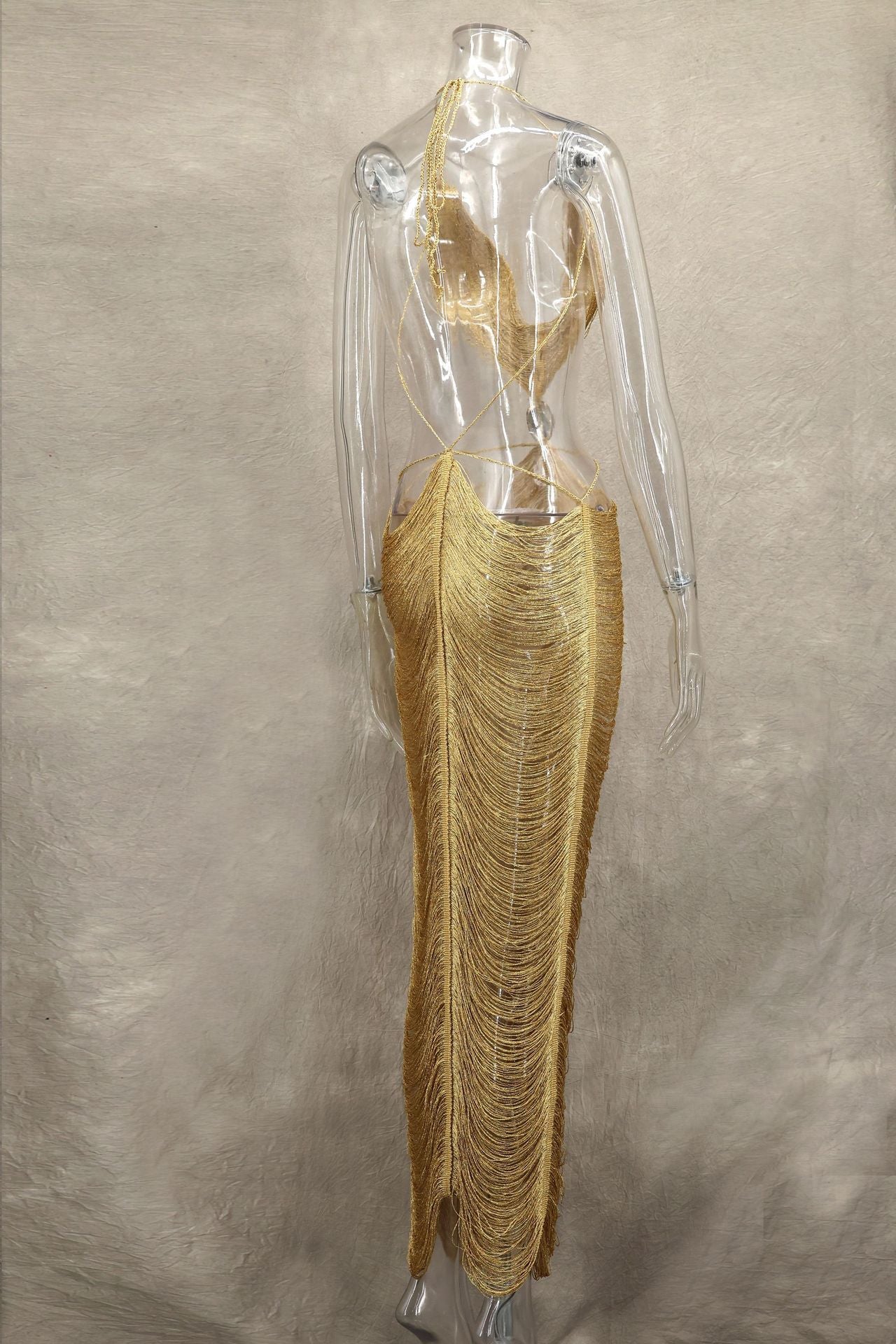 Spring Summer Fashion Shell Tassel Halter Neck Lace Up Sexy Slimming Adjustable Long Dress 13