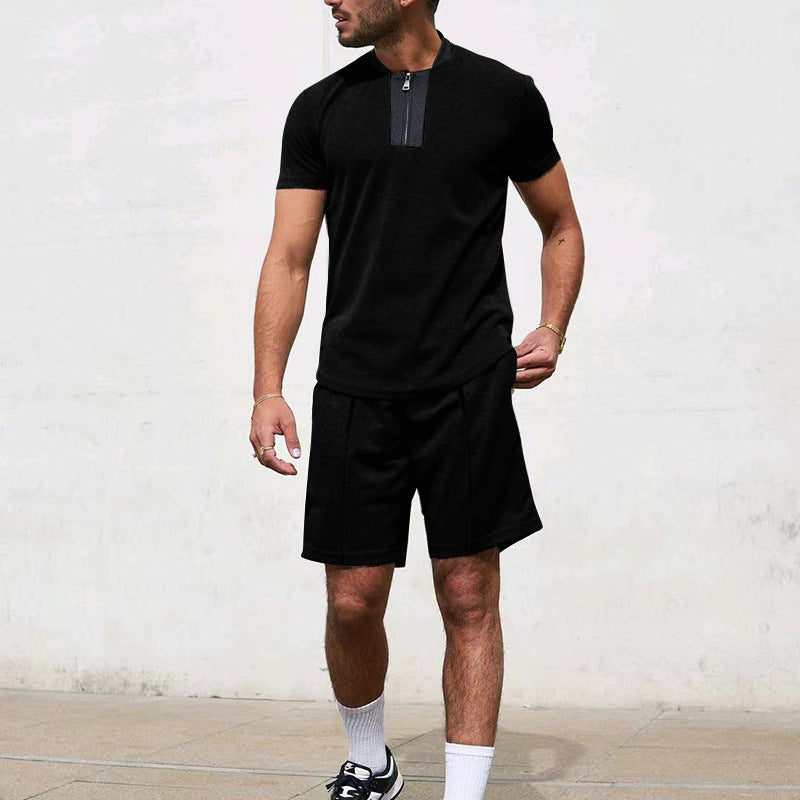 Men Casual Zip Short Sleeve Shorts Athletic Two-Piece Set 4