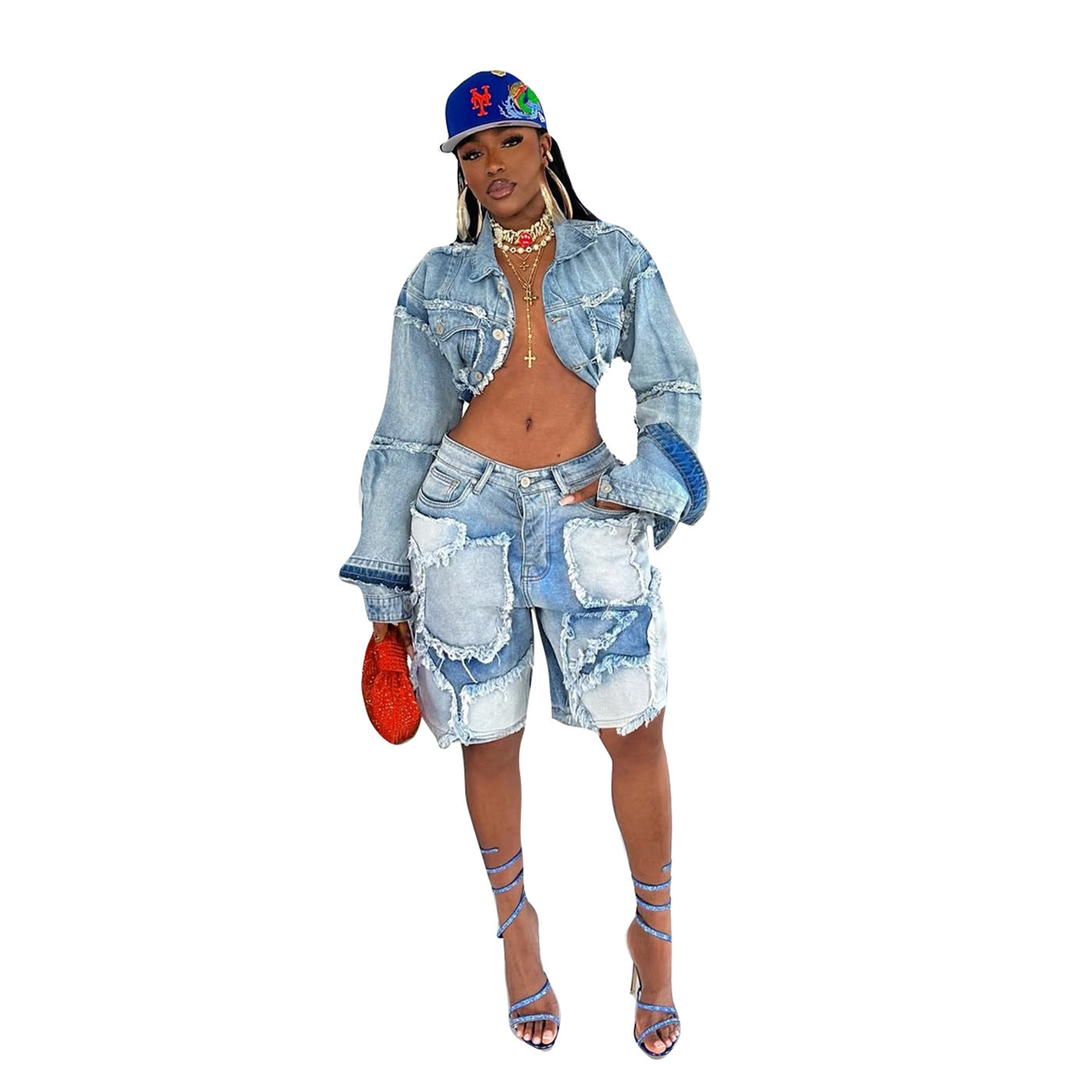 Washed Patchwork Denim Two Piece Shorts Set for Women 5