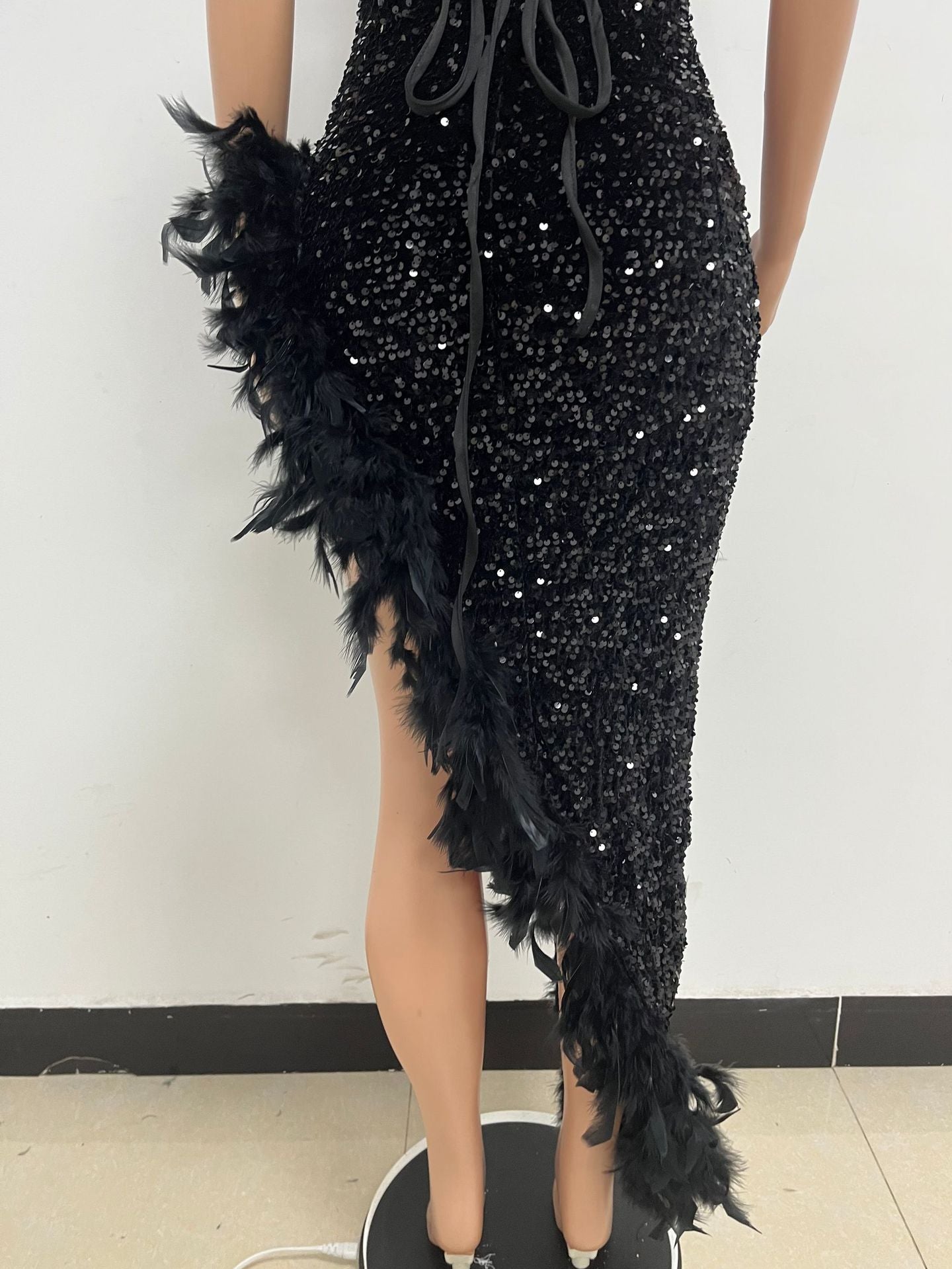Women Sexy Off Shoulder Backless Sequin Feather Dress 66