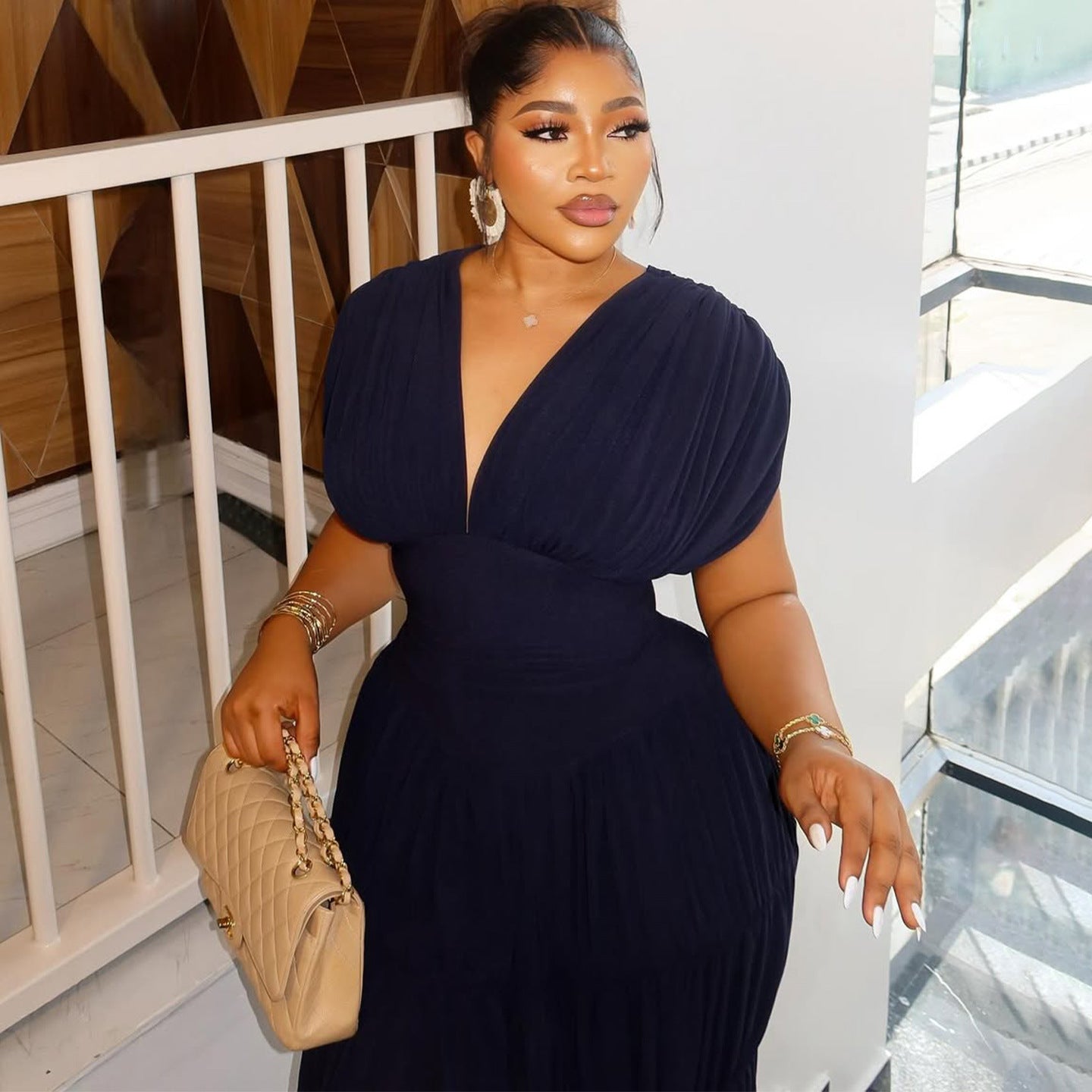 Women Summer Navy V-Neck Puff Sleeve Ruffle Dress