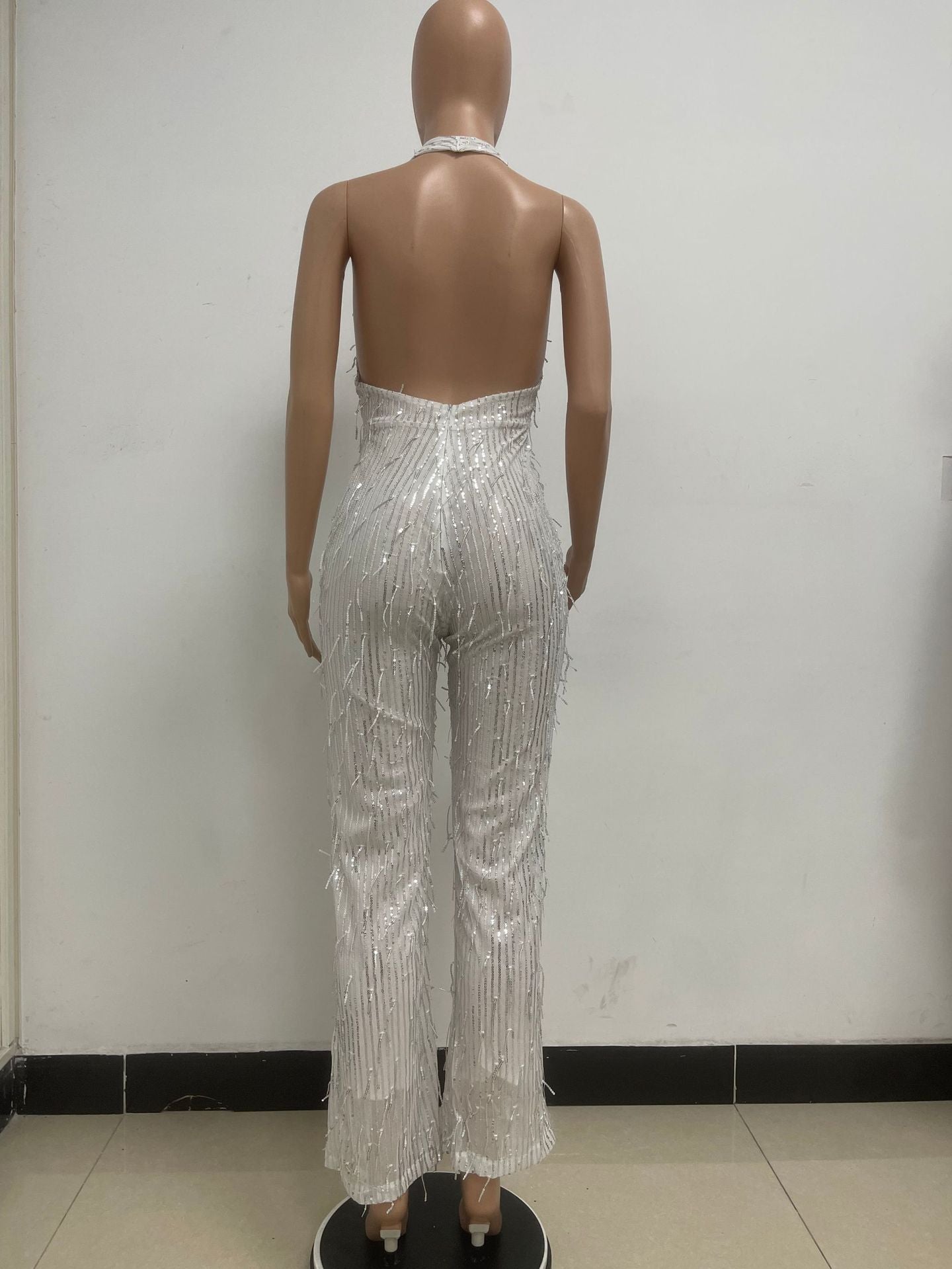 Women's Sleeveless Deep V Halter Neck Low Back Sequin Jumpsuit T 33