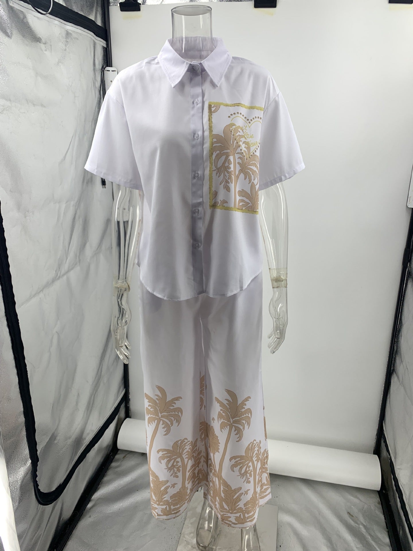 Summer Women's Casual Linen Short Sleeve Turndown Collar Shirt and Pants Set 7