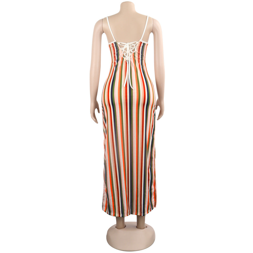 Women sexy striped Backless suspender slit dress 7