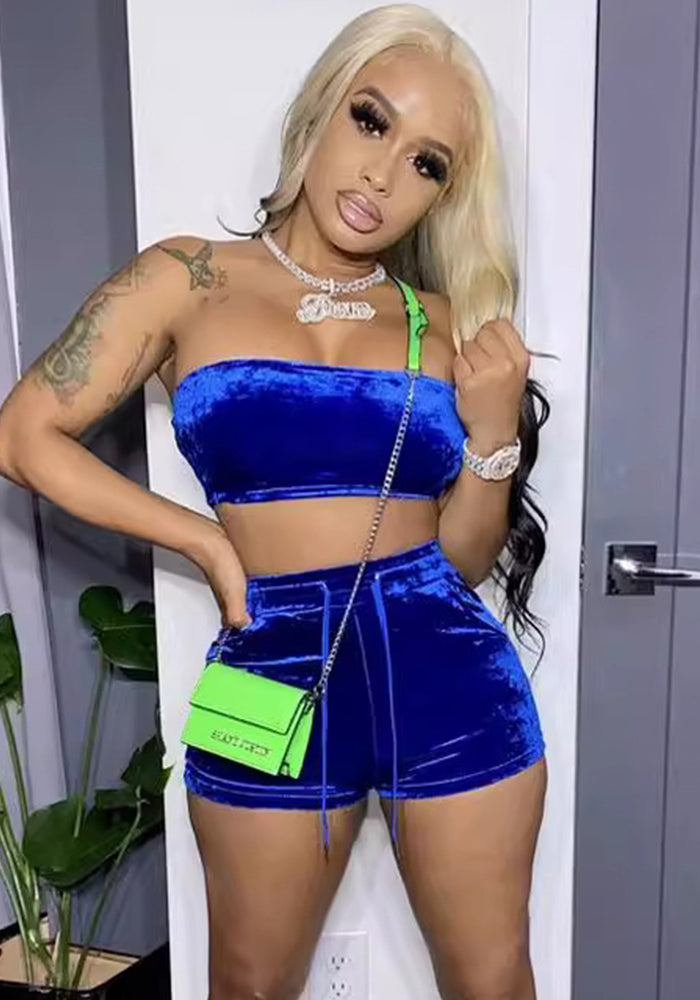 Women's Spring And Summer Style Slim-Fitting Strapless Velvet Crop Top Shorts Two-Piece Set