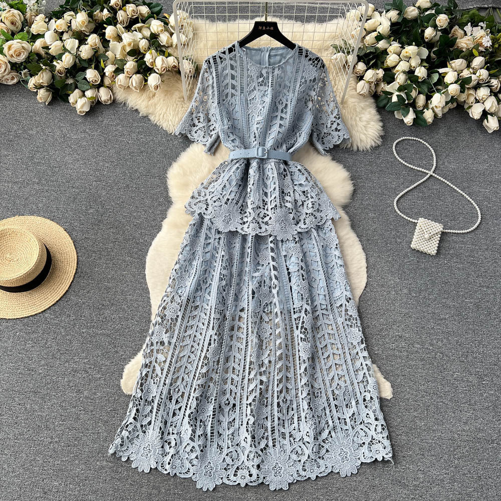 Women French-Style Short-Sleeved Openwork Lace Dress 3