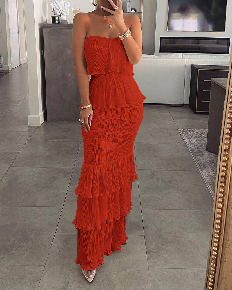 Solid Color Strapless Long Dress