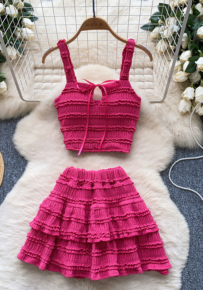 Summer Chic Women's Square Neck Camisole Vest High Waist Pleated Ruffle Skirt Two Piece Set