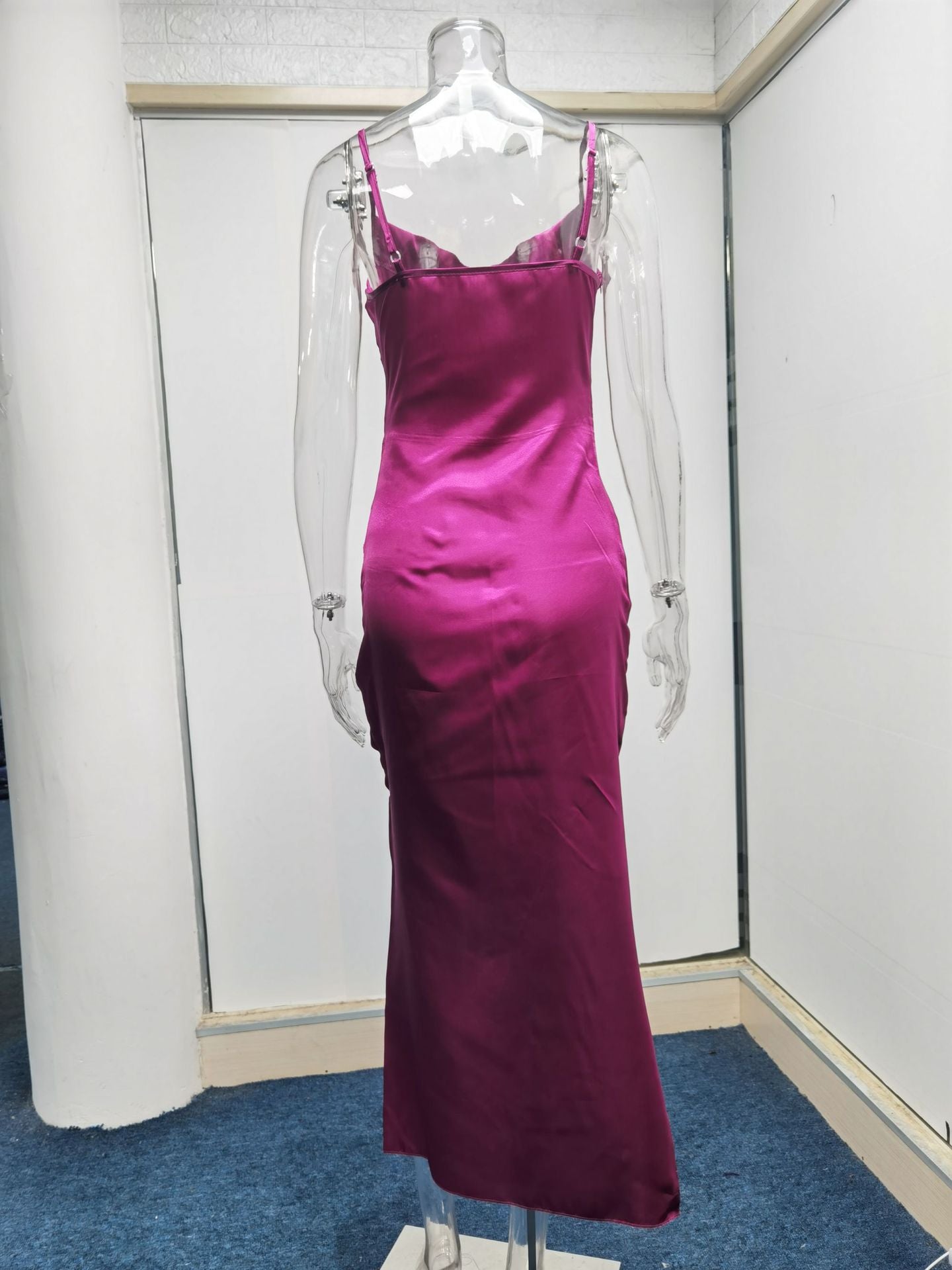 Sexy Low Cut Satin Slit Strap Dress Slim Fit Low Back Maxi Dress 46