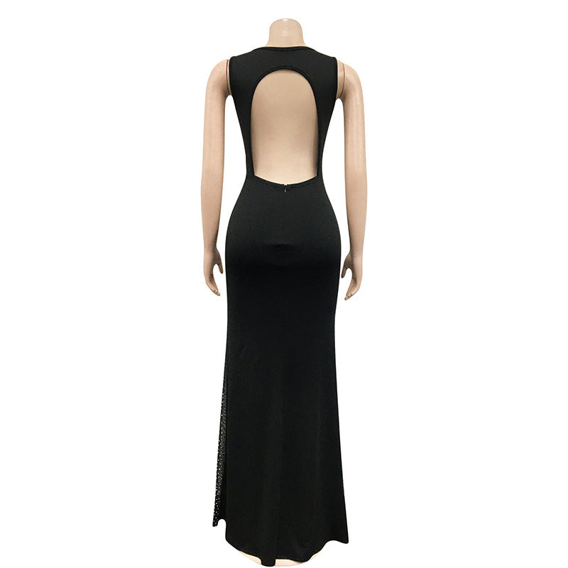 Women Sexy Beaded Mesh See-Through Sleeveless Backless Maxi Dress 5
