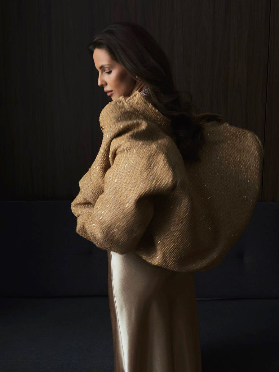 Women gold thread sequined Stand Collar jacket 5