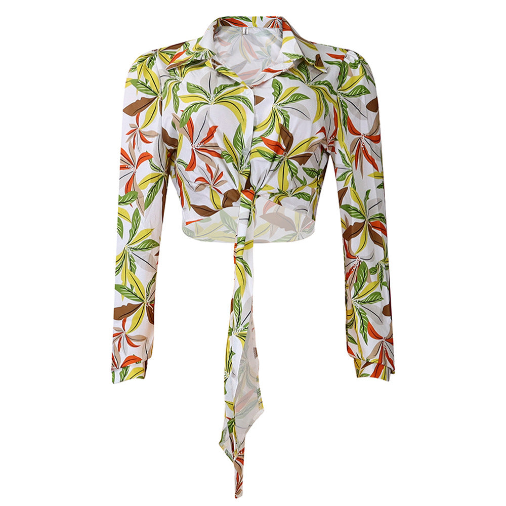 Fashionable Women's Printed Turndown Collar Lace-Up Long Sleeve Shirt 9