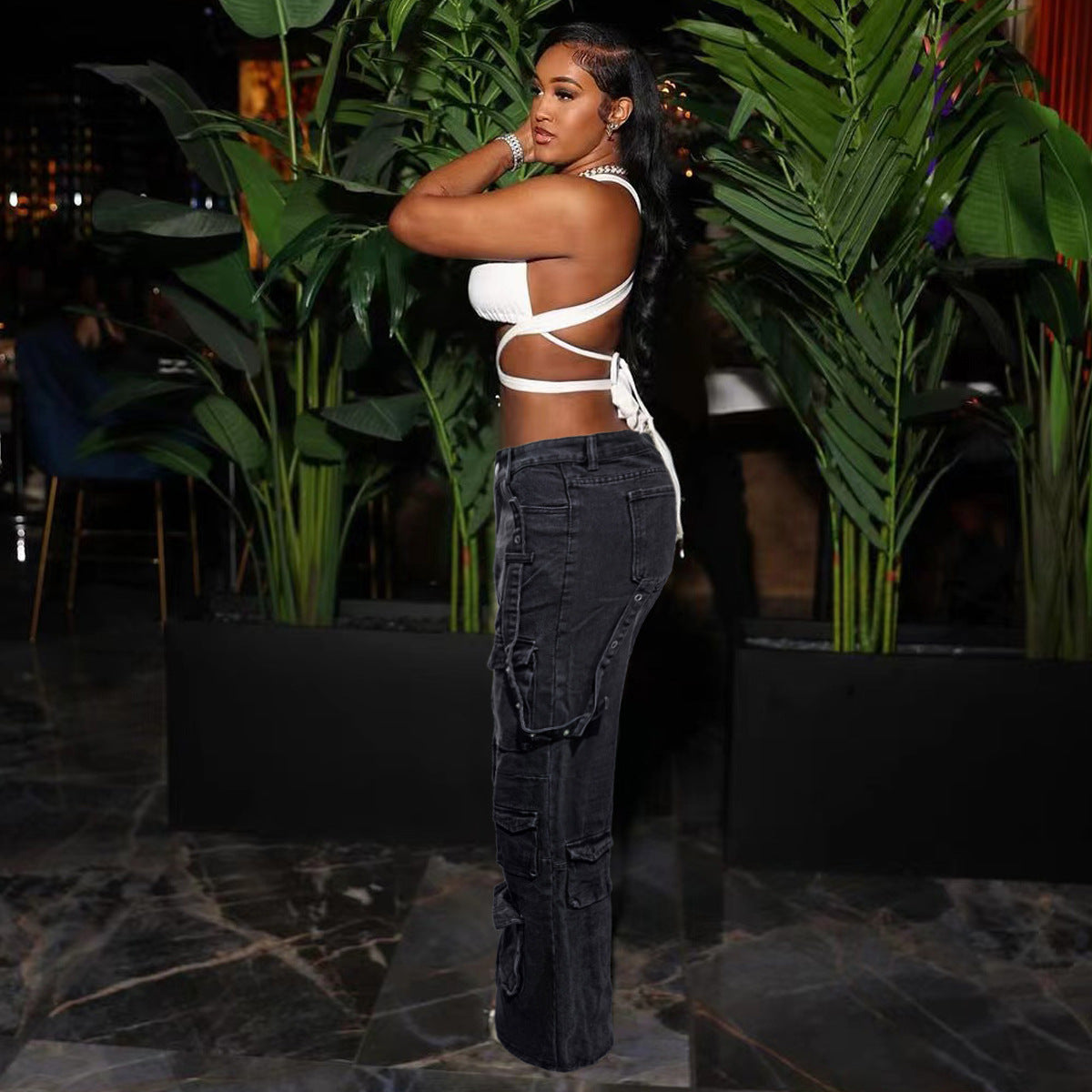 Women Washed Cargo Pocket Denim Straight Leg Pants 3