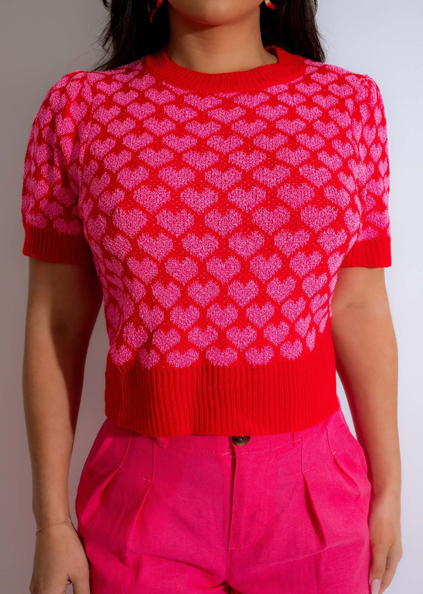 Women Spring/Summer knitting Heart Print Short Sleeve T-Shirt 4