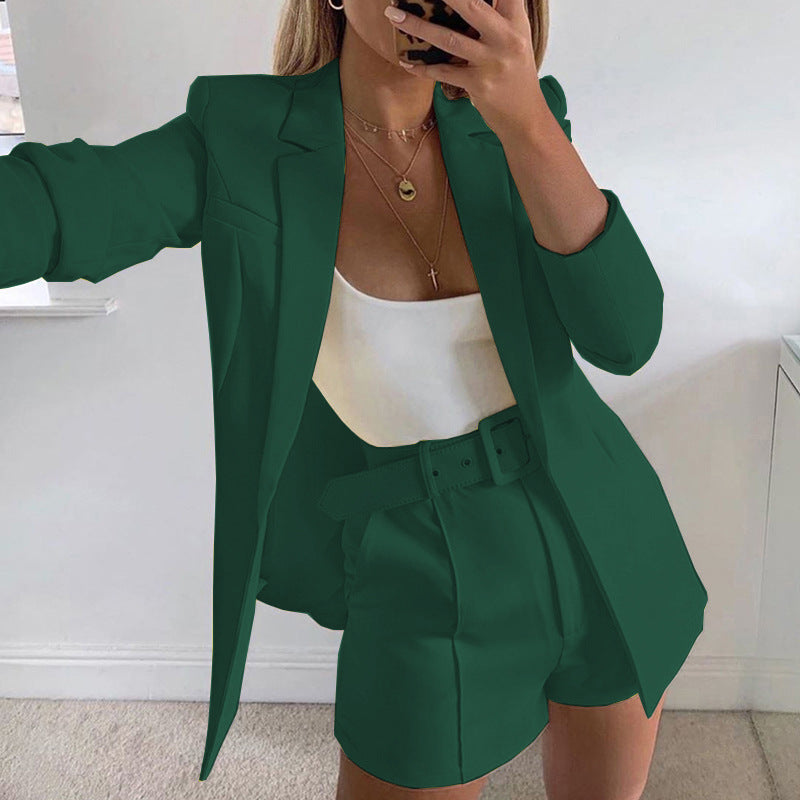 Women fashion Blazer+Shorts with belt Two-piece 14