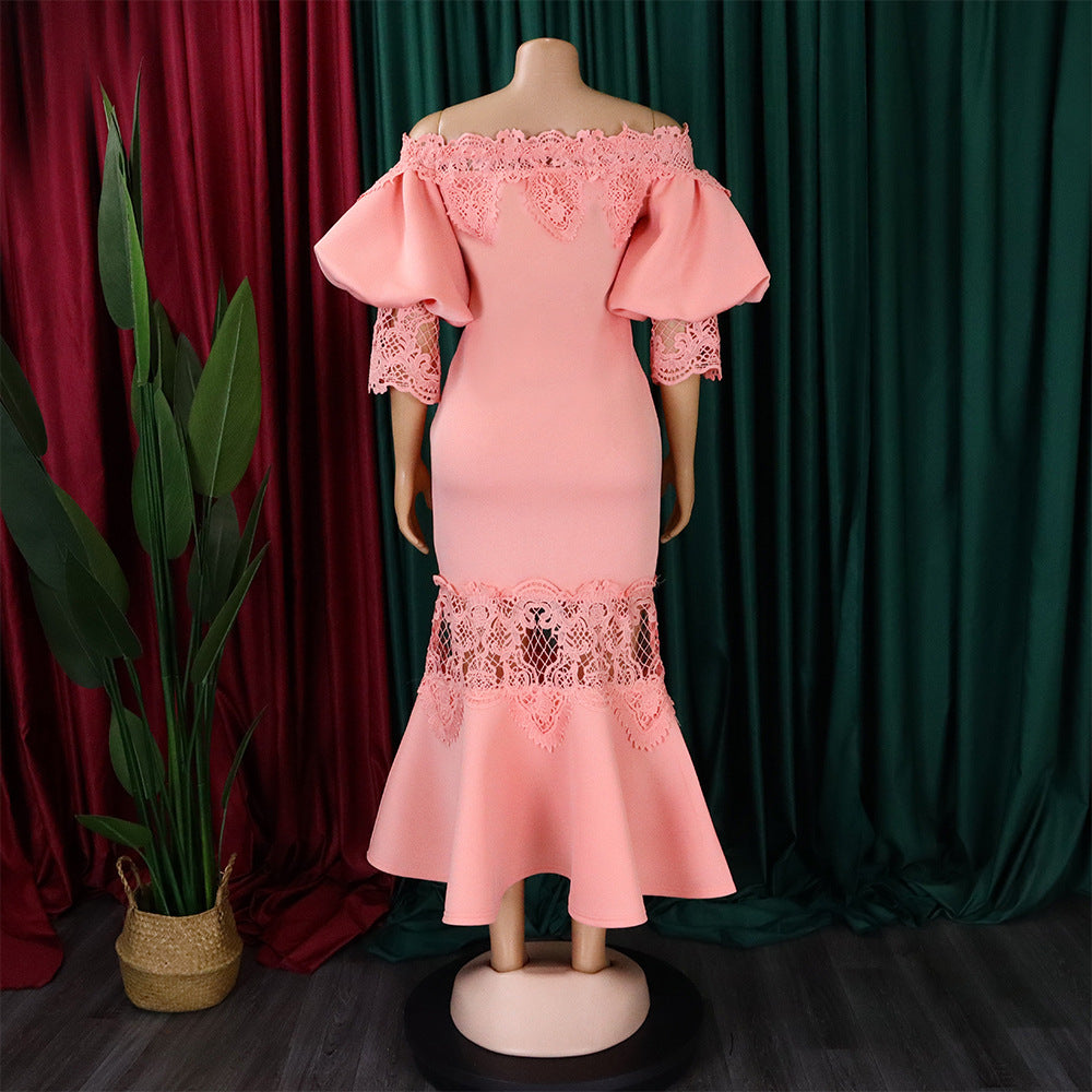 Women Off Shoulder Puff Sleeve Lace Patchwork Formal Party Mermaid Dress 24