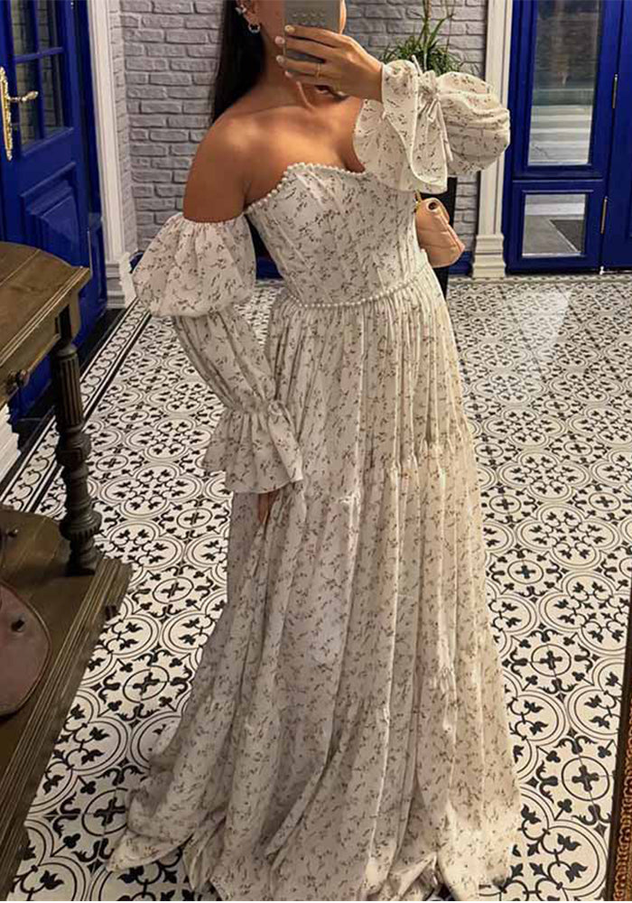 Women Summer White Floral Off-Shoulder Puff Sleeve Tie Dress