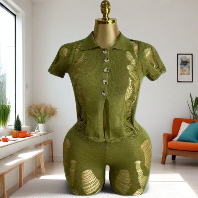 Sexy Hollow-Out Short Sleeve Knitting Top and Shorts Set 4