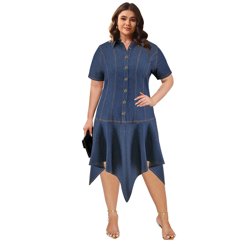 Plus Size Women's Turndown Collar Short Sleeve Button Denim Dress 7