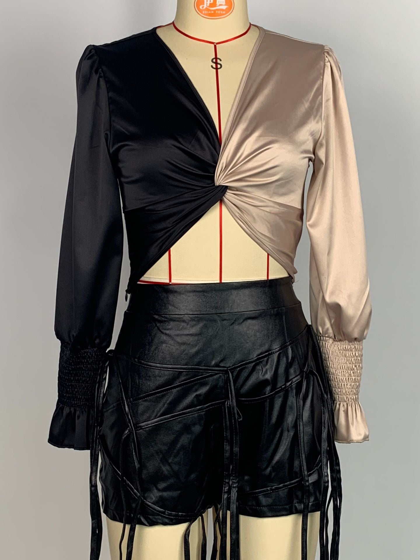 Women color block Patchwork v-neck long-sleeved color-blocked shirt 10