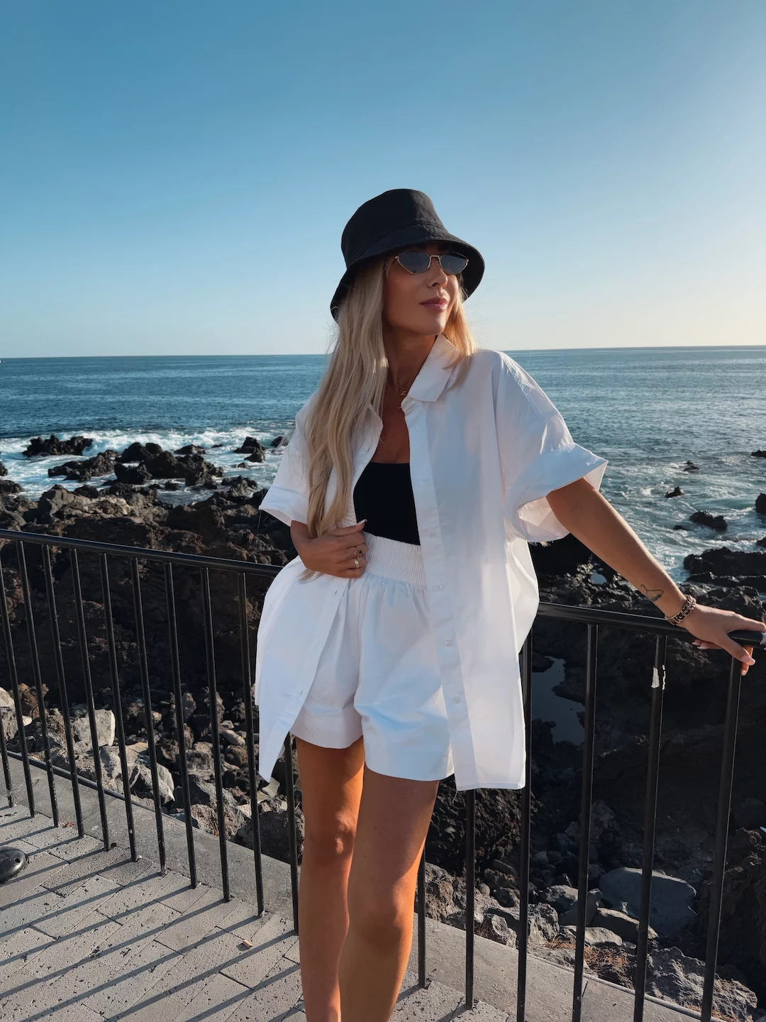 Women spring and summer Casual Solid short-sleeved shirt loose shorts two-piece set 5