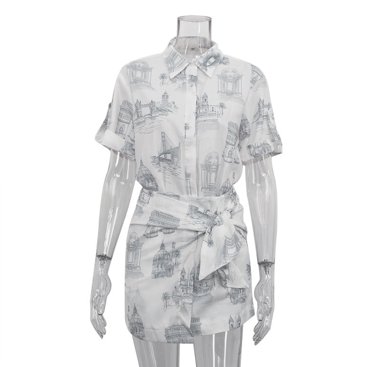 Women's Fashion Printed Short Sleeve Shirt Lace-Up Bodycon Skirt Two-Piece Suit 7