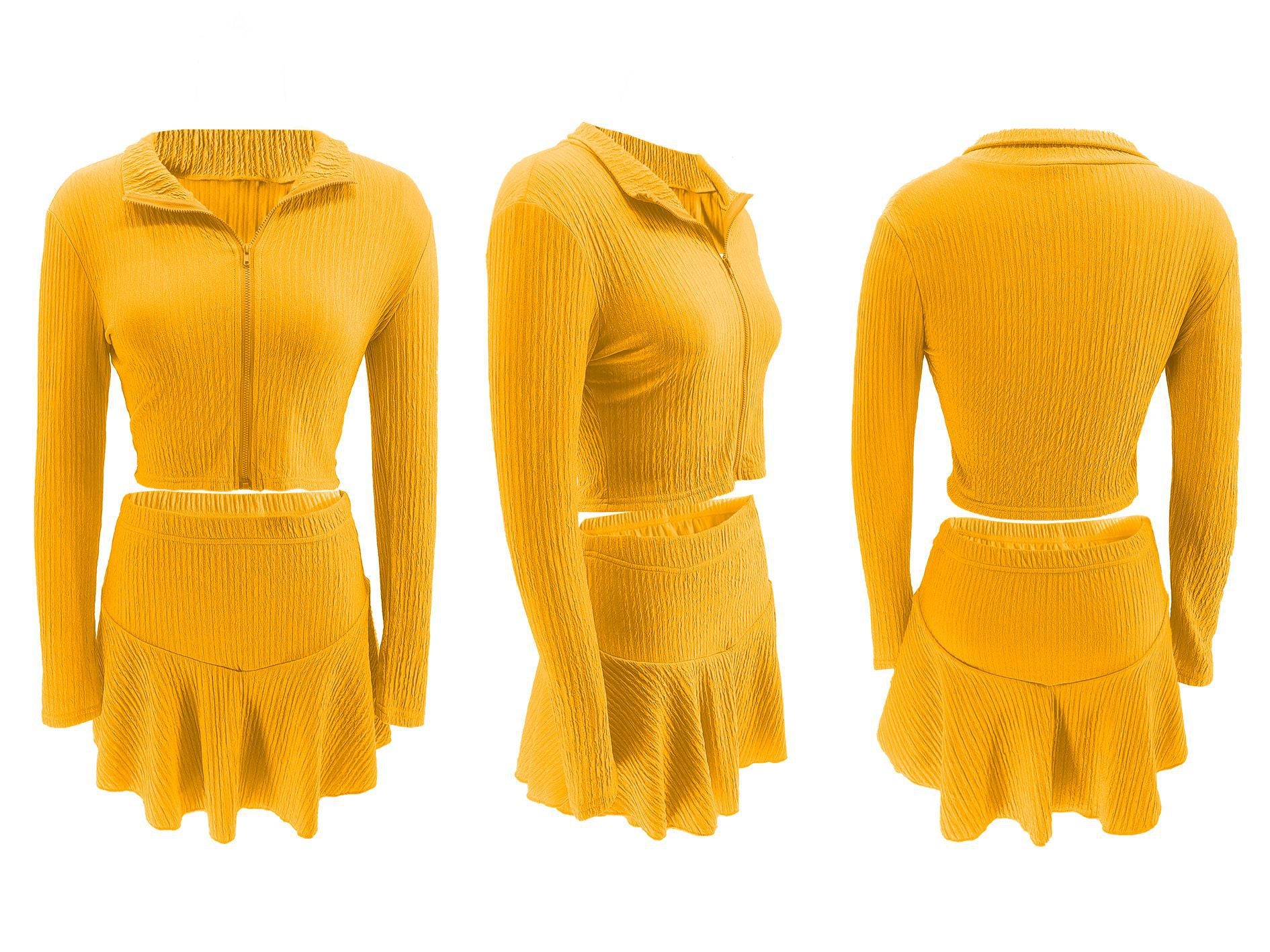 Women Solid Zippered Cropped Top Two-piece set with ruffled skirt 37