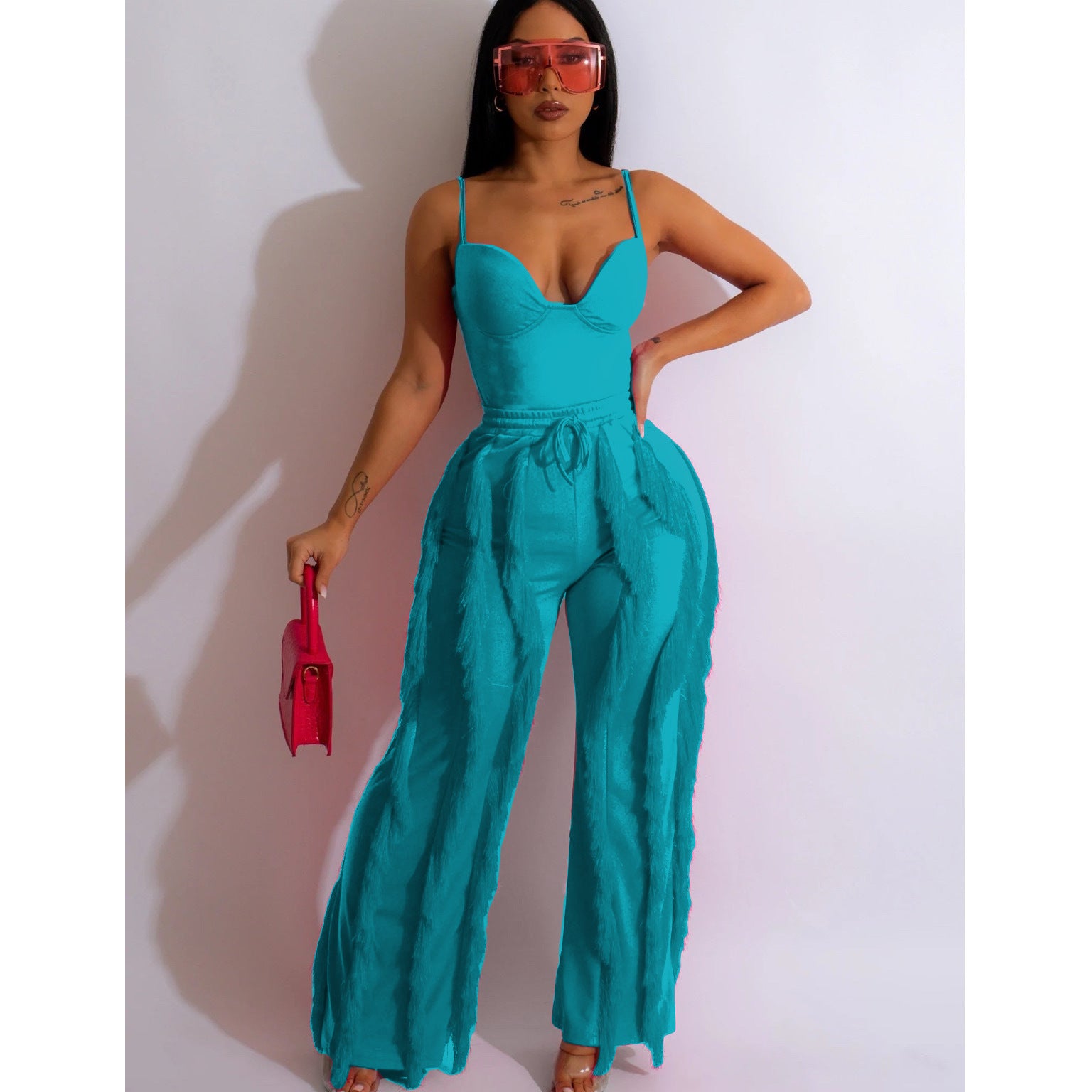 Women's Solid Color Straps Top Tassel Pants Two-Piece Set 4