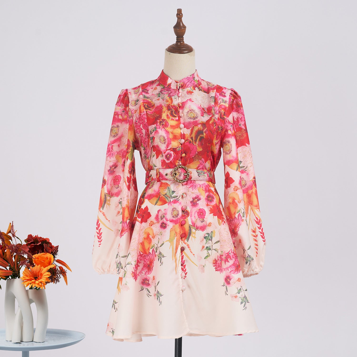 Women's Print Long Sleeve Lantern Sleeve Stand Collar Single-Breasted Short Dress With Belt 5