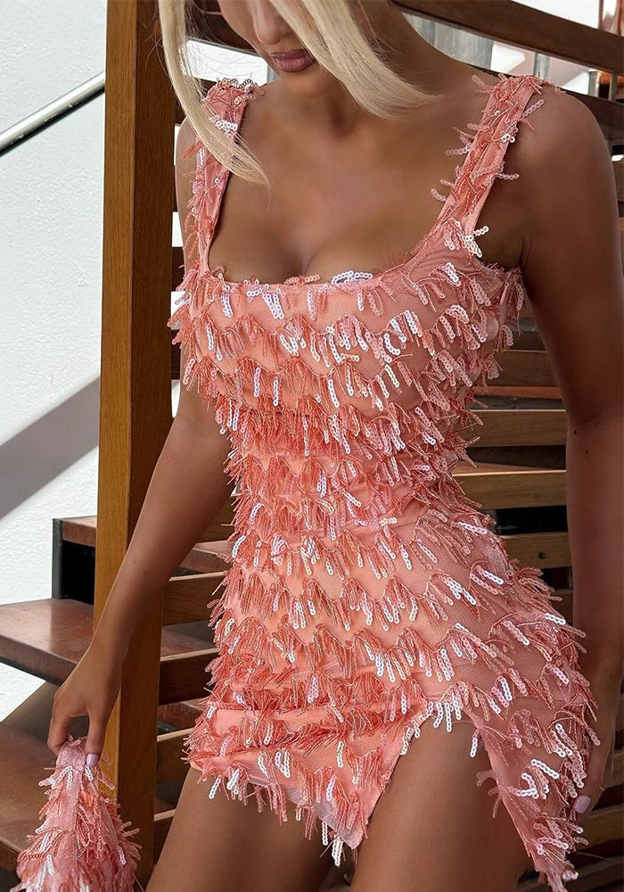 Strappy Slit Furry Slim Chic Bodycon Dress