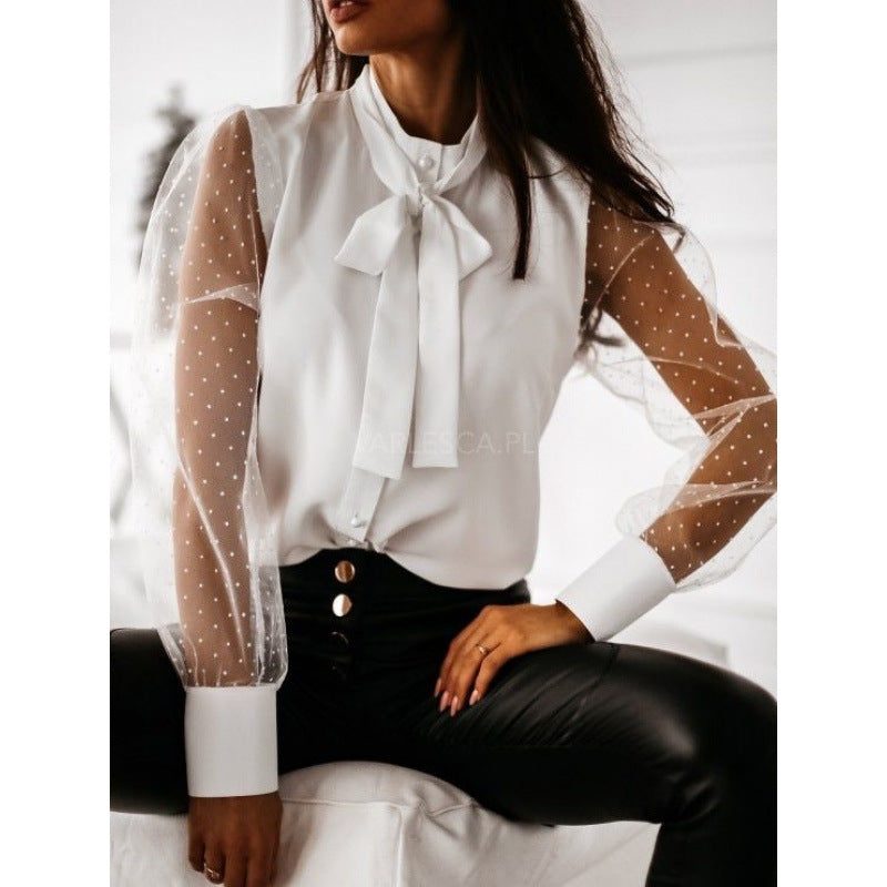 Autumn and winter fashion mesh patchwork button bow shirt women's clothing 7