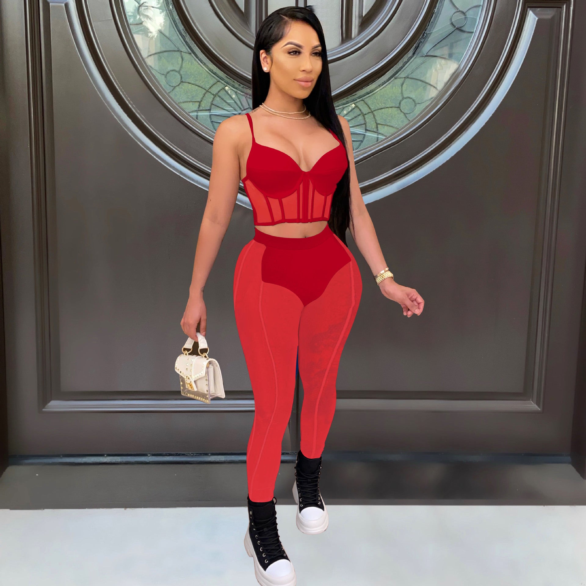 Women Sexy Mesh Patchwork Bra Top and Pants Two-piece Set 7