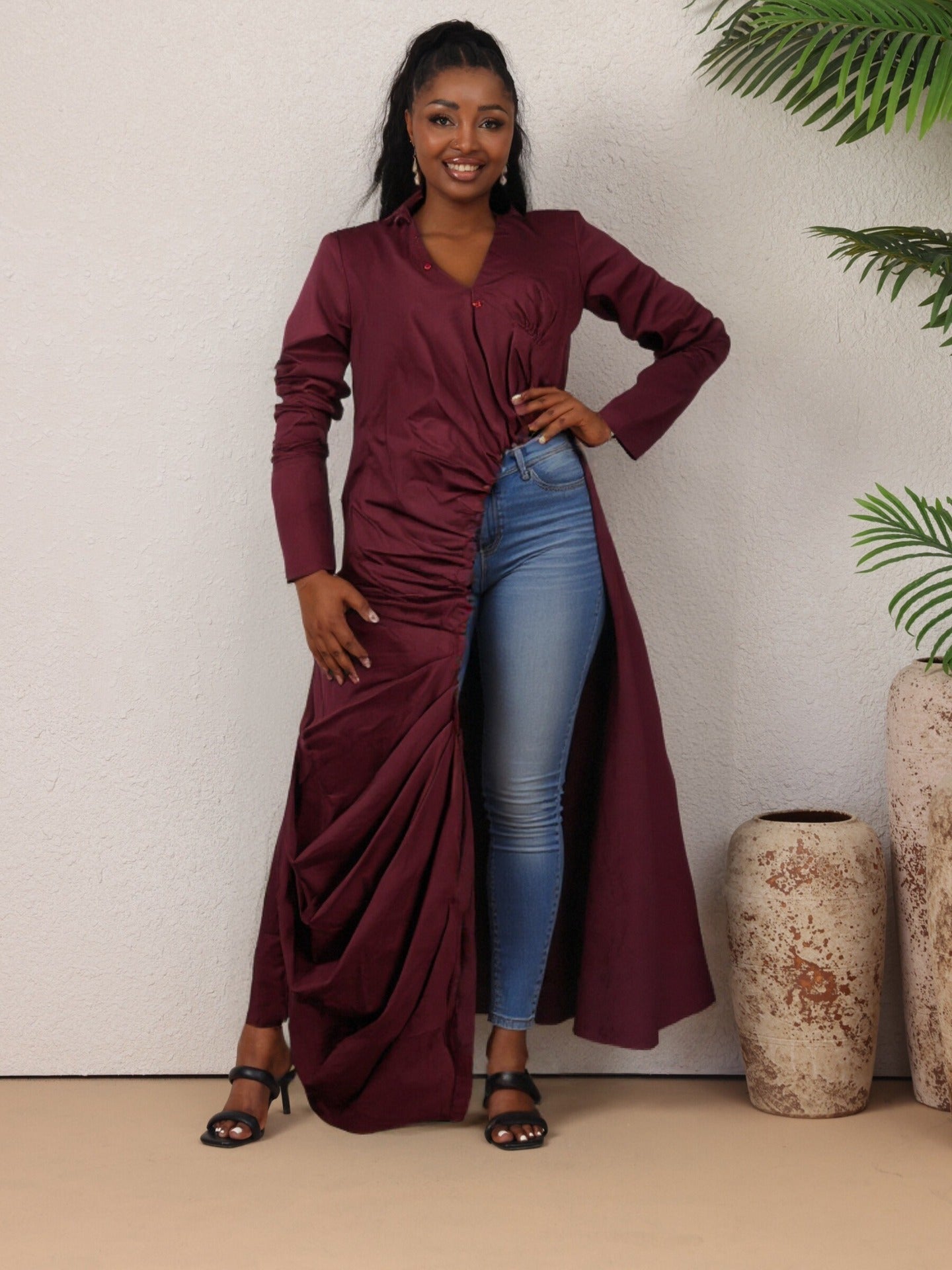 Women sexy V Neck long sleeve pleated Casual dress 11