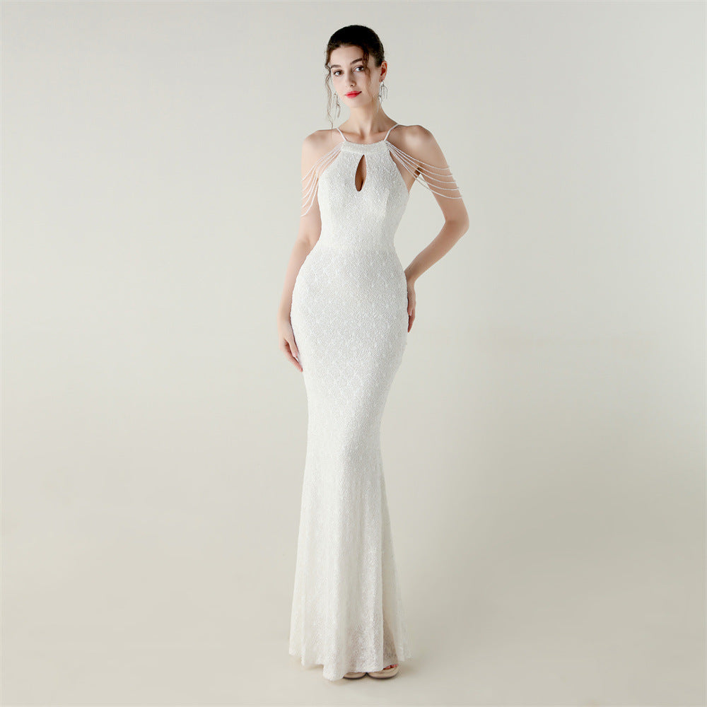 Sequin Beaded Off-Shoulder Halter Fishtail Luxury Party Dress 11