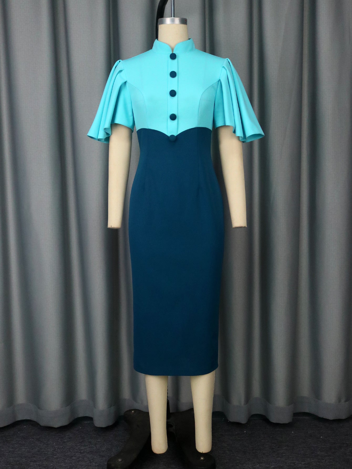 Women Retro Half-High Collar Contrast Ruffle Sleeve Elegant Party Dress 3