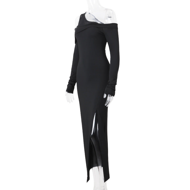Women autumn sexy Slash Shoulder side slit long sleeve dress 9